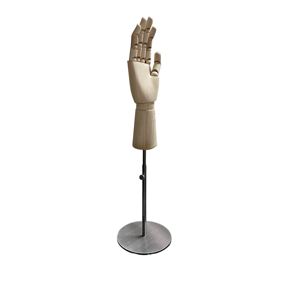 Манекен Рука (женская) деревянная шарнирная для перчаток и аксессуаров wooden hand female (right)-1/brushed satin chrome (круг)