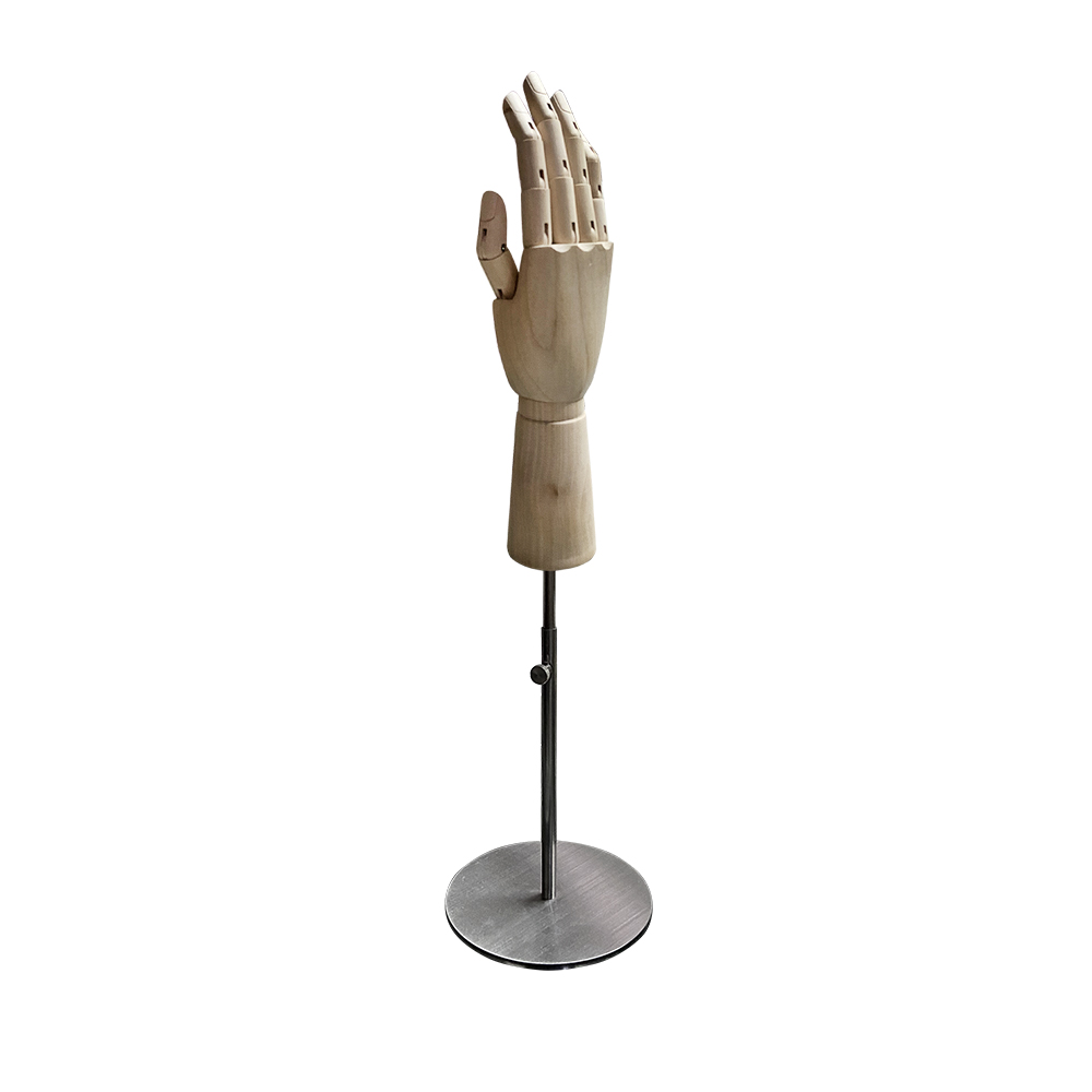 Манекен Рука (женская) деревянная шарнирная для перчаток и аксессуаров wooden hand female (right)-1/brushed satin chrome (круг)